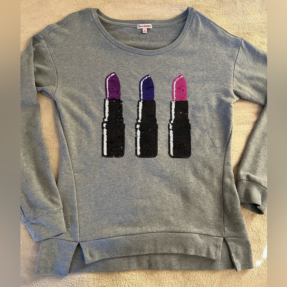 JUICY COUTURE lipstick sequins grey long sleeve sweatshirt top